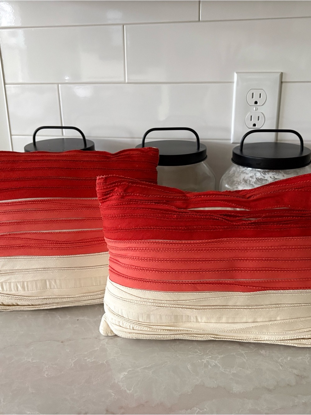 EUC Pottery Barn Red and Cream Striped Accent Pillows